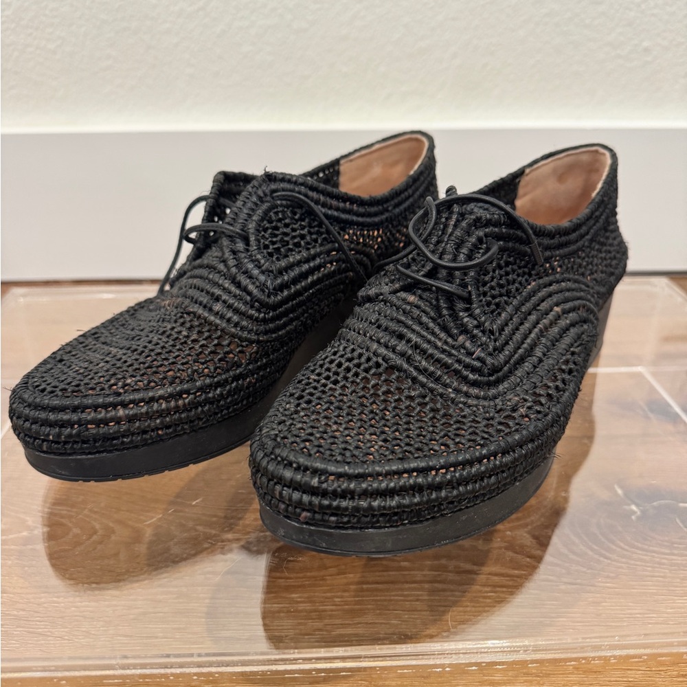Robert Clergerie Paris Woven Raffia Platform Oxfords